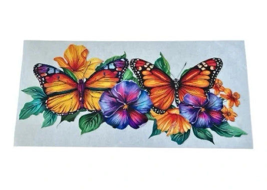 Colorful butterflies and flowers on a white background