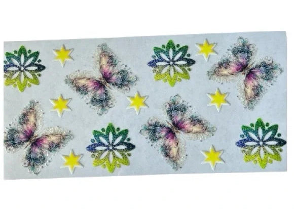 Sheet of decorative stickers with butterflies and stars on a white background