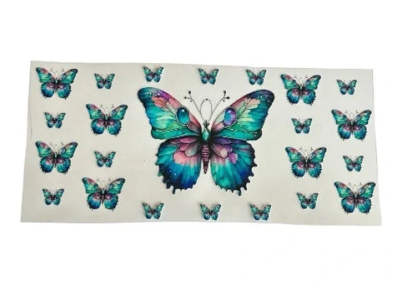 colorful butterfly cup wrap with teal purple and blue butterflies symmetrical design