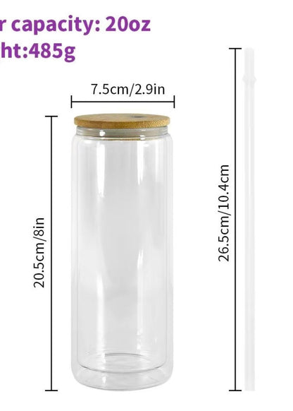 Clear glass jar with wooden lid and measurements on a white background