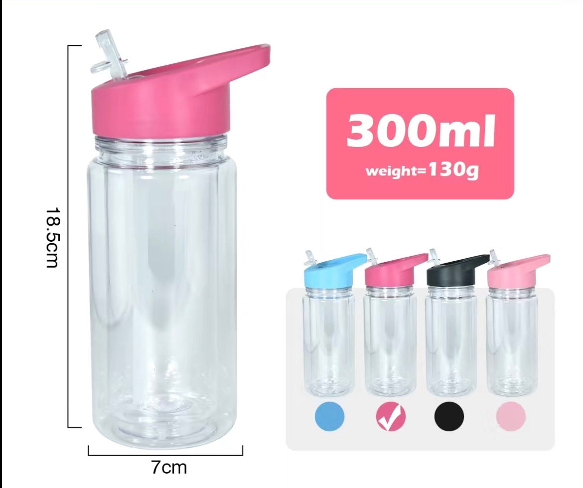 Clear water bottle with pink lid and straw, dimensions and weight displayed, with color options on a white background.