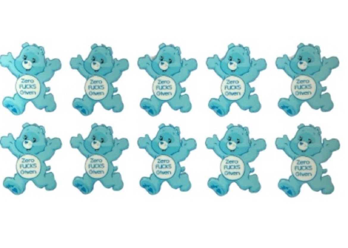 Blue care bear figurines with humorous text on a white background