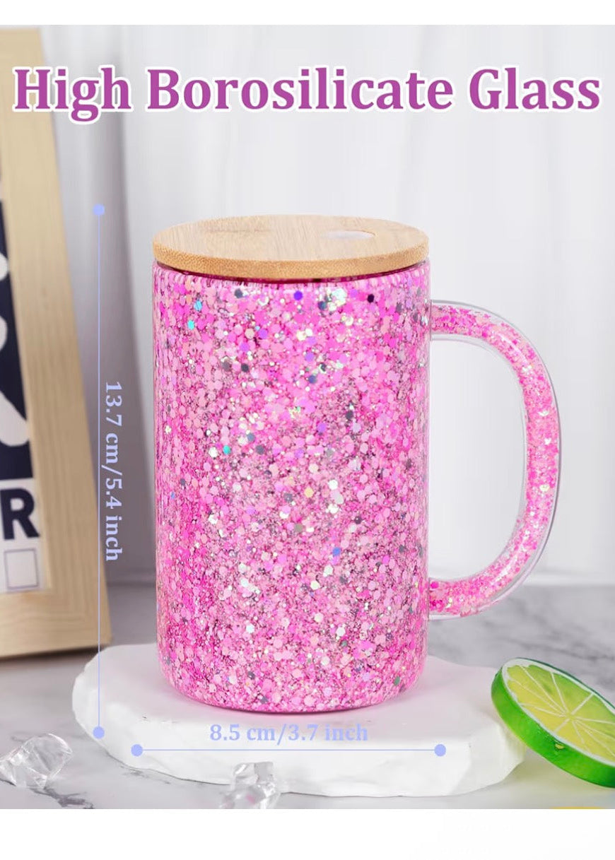 Pink glittery mug with wooden lid on a white surface, text 'High Borosilicate Glass' above.