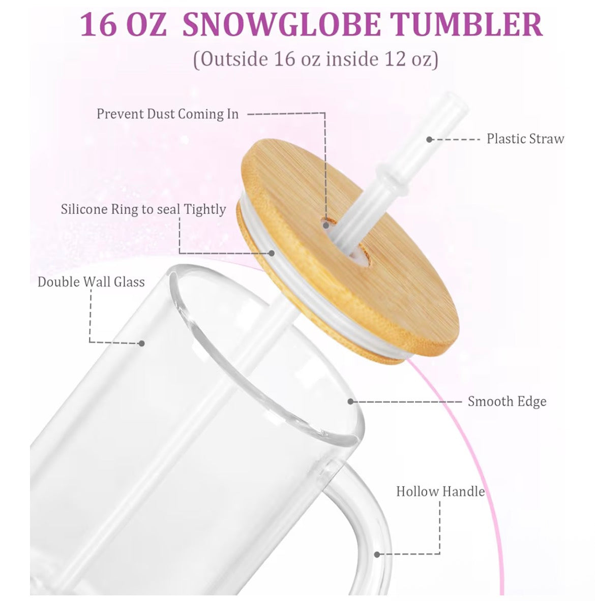 16 oz snowglobe tumbler with wooden lid and straw, showing features on a white background.