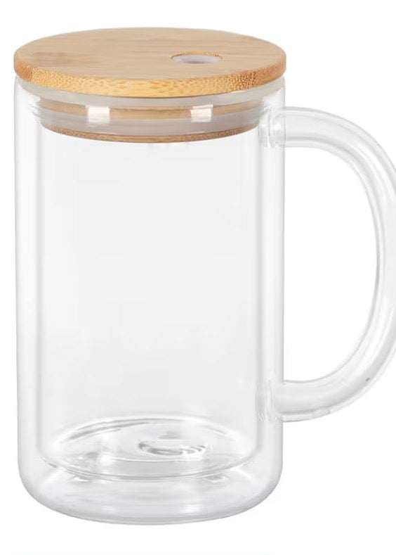 Clear glass mug with a wooden lid on a white background