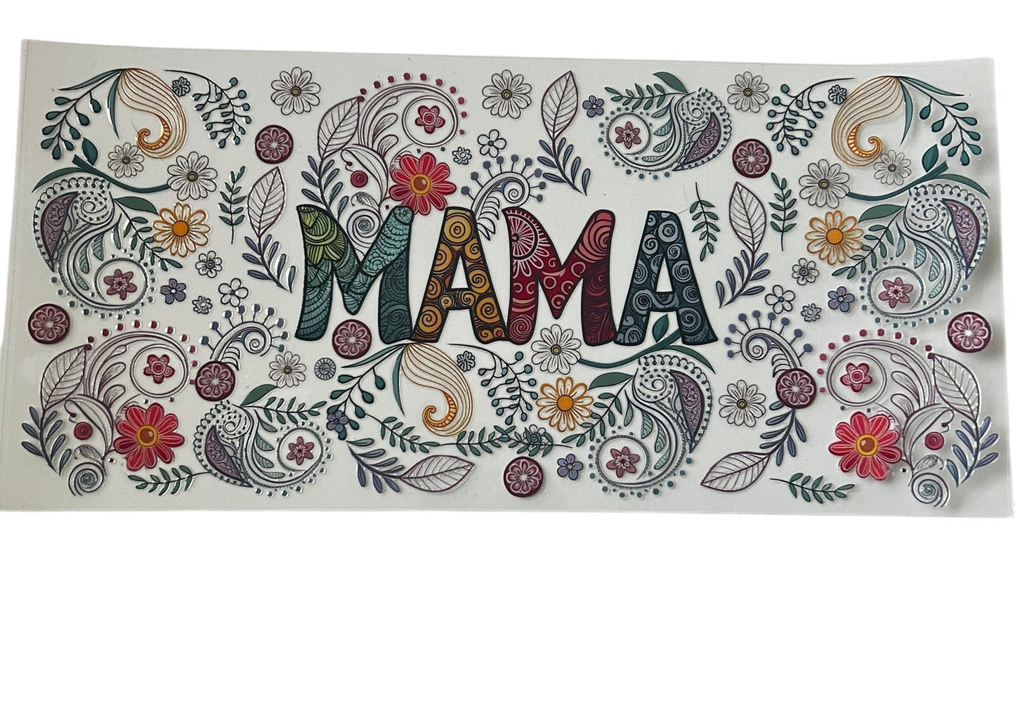 Mama floral paisley cup wrap with colorful patterned lettering and intricate floral details for custom tumbler