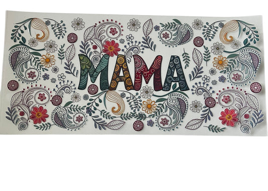 Mama floral paisley cup wrap with colorful patterned lettering and intricate floral details for custom tumbler