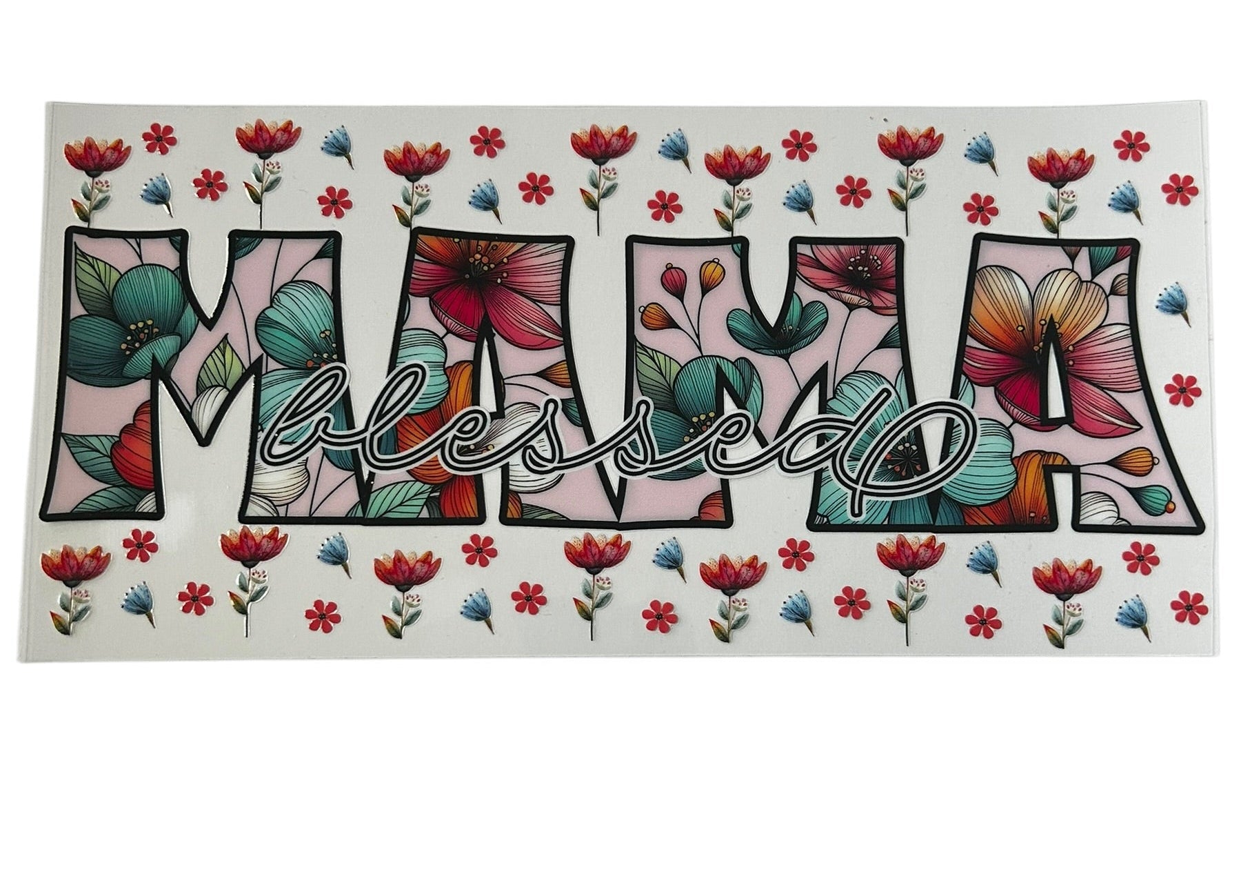 Mama floral script cup wrap with colorful flowers and layered lettering design for custom tumbler