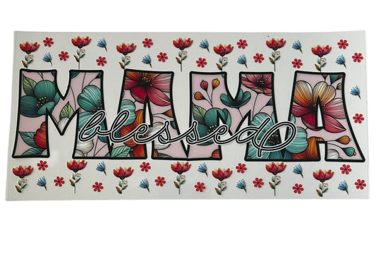 Mama floral script cup wrap with colorful flowers and layered lettering design for custom tumbler