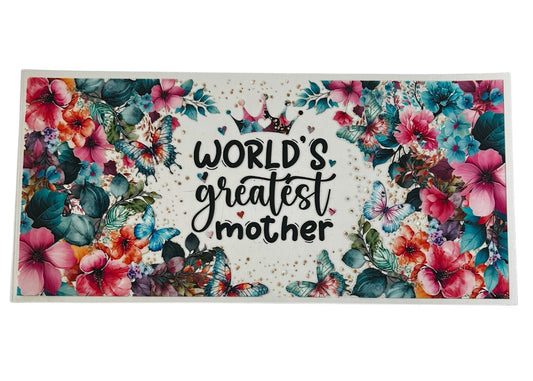 World’s greatest mother floral butterfly cup wrap with colorful flowers, butterflies, and crown design for custom tumbler