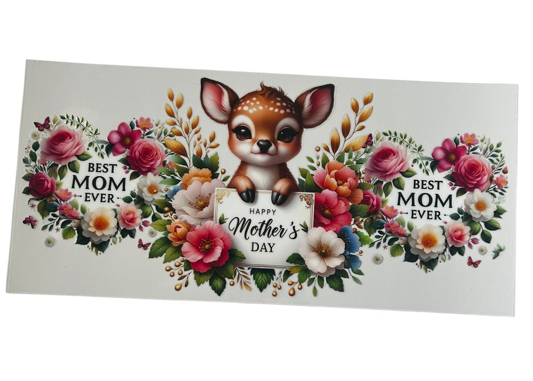 Mother’s Day deer floral cup wrap with cute fawn, flowers, and best mom ever design for custom tumbler