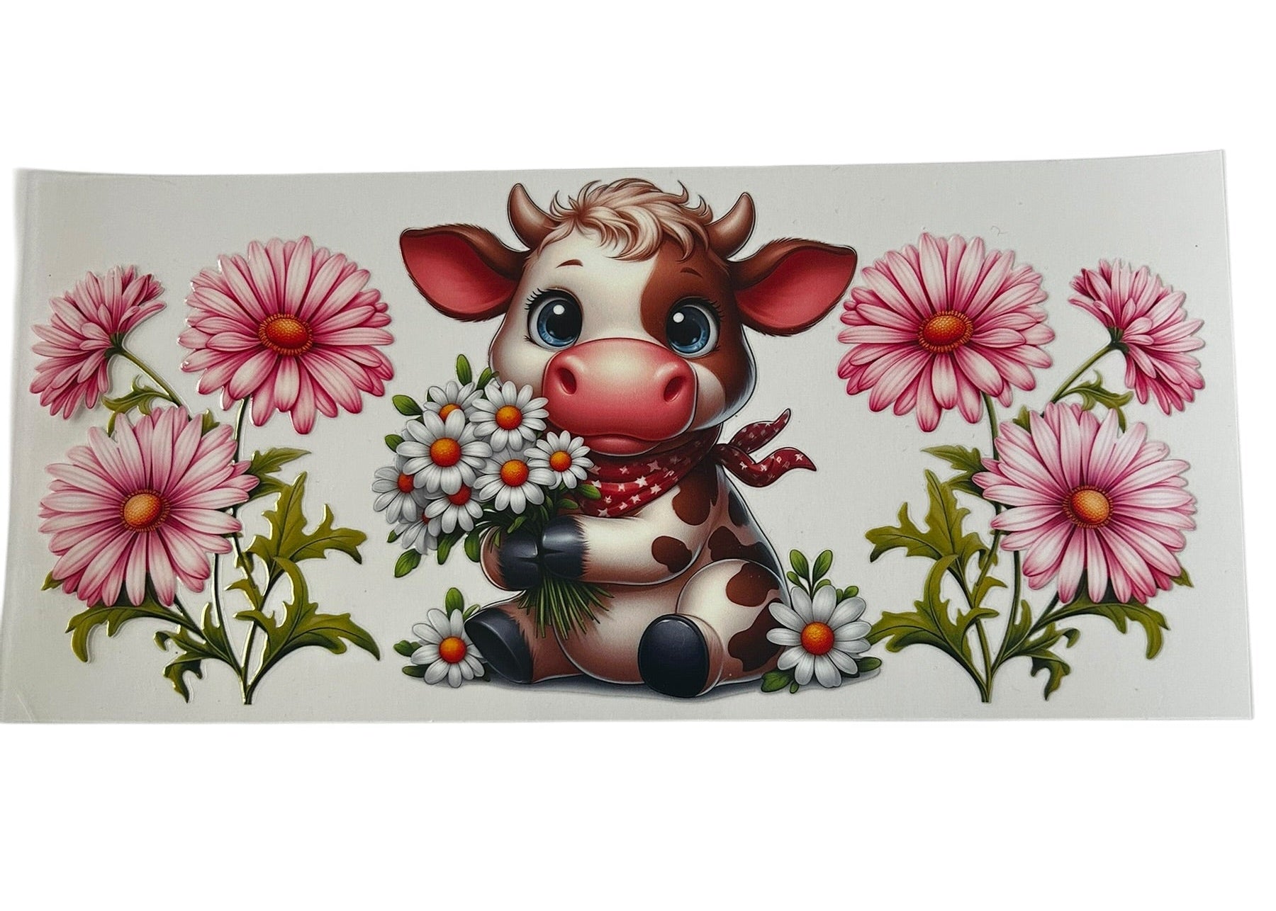 Highland cow daisy floral cup wrap with cute baby cow and pink flowers for custom tumbler