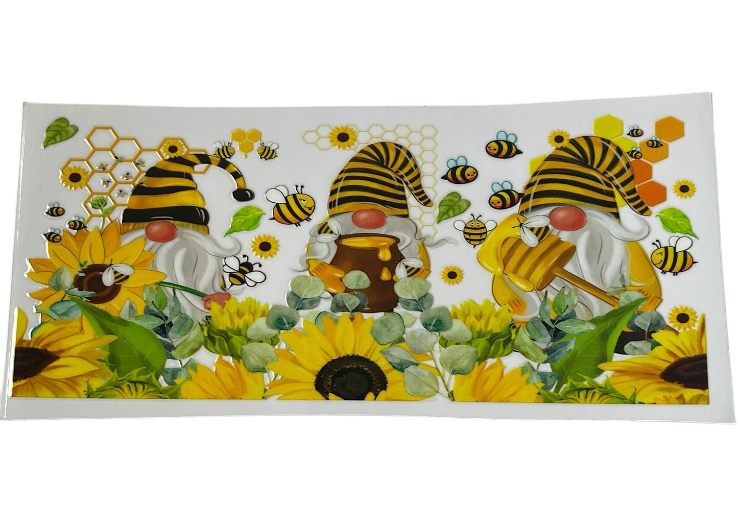 Bee gnome sunflower cup wrap with honey bees, gnomes, and yellow floral design for custom tumbler