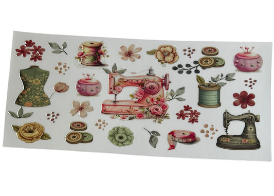 Vintage sewing floral cup wrap with sewing machines, thread spools, and buttons for custom tumbler