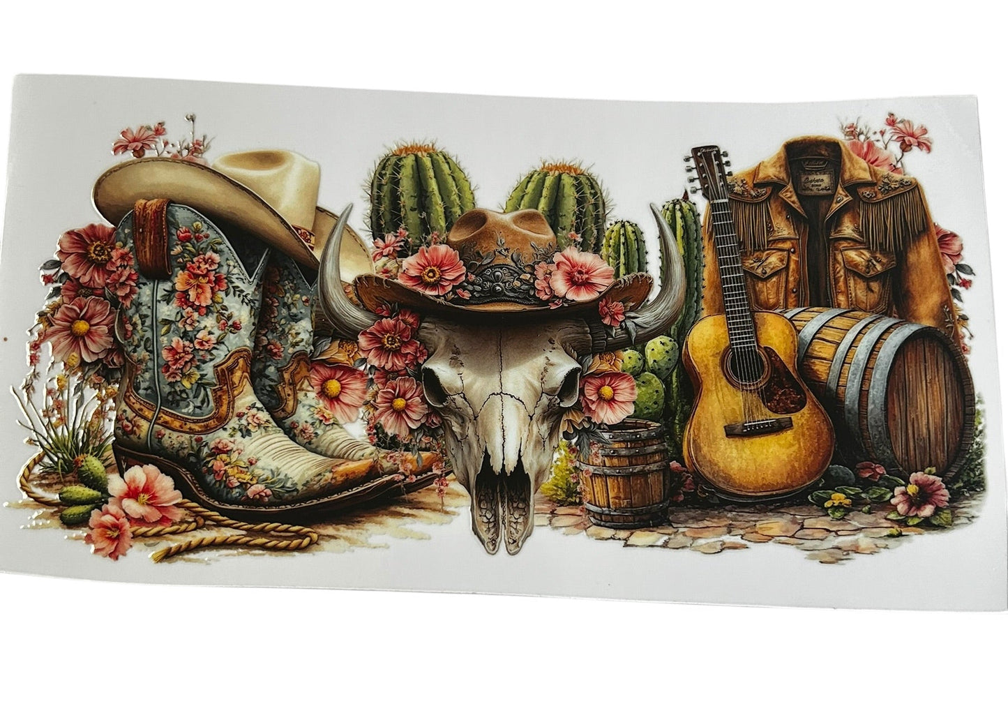 Western cowgirl floral cup wrap with cowboy boots, skull, guitar, and desert elements for custom tumbler