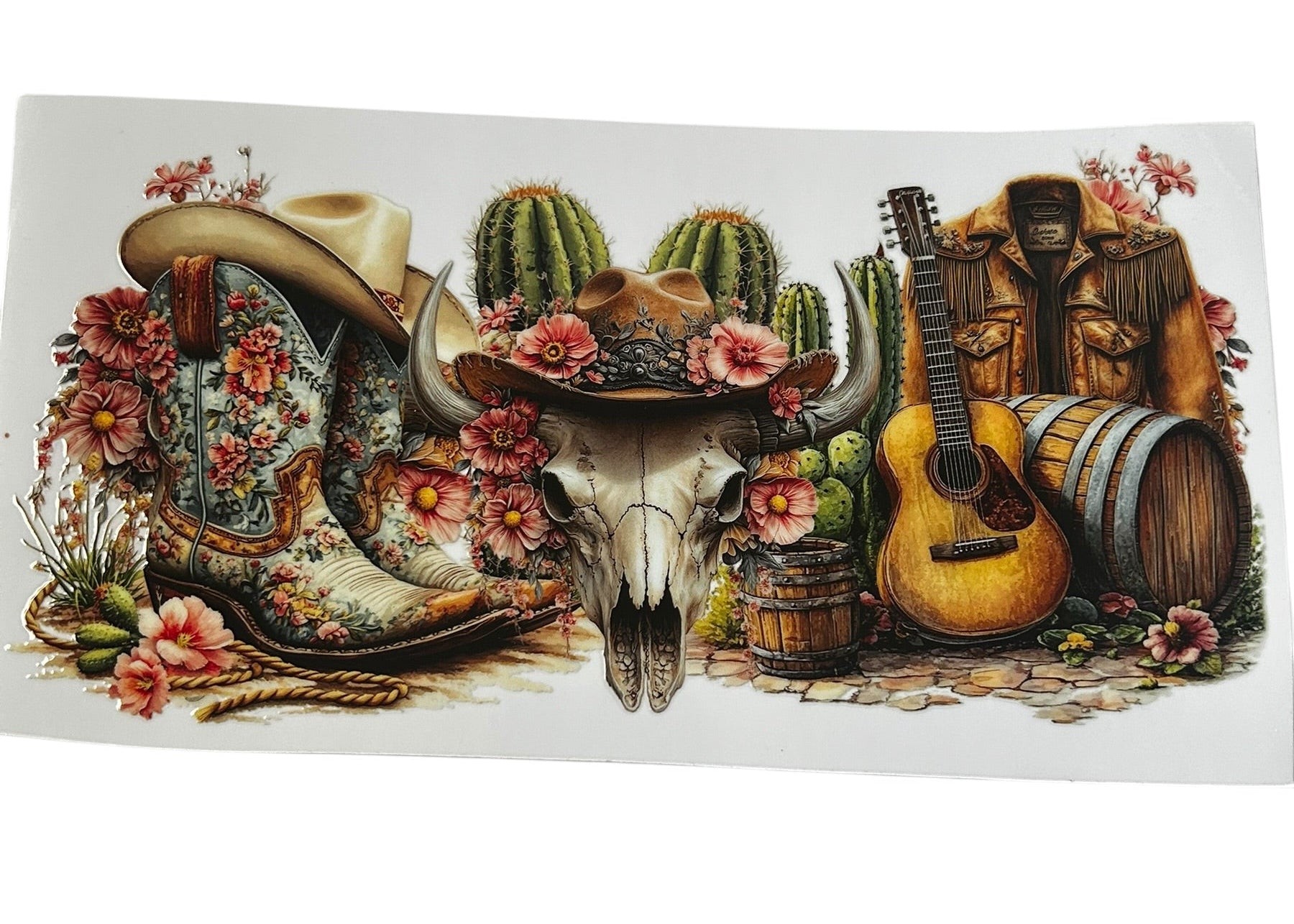 Western cowgirl floral cup wrap with cowboy boots, skull, guitar, and desert elements for custom tumbler