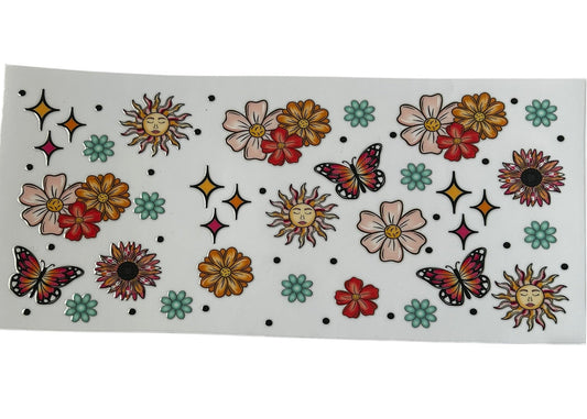 Boho sun butterfly floral cup wrap with retro flowers, butterflies, and sun design for custom tumbler