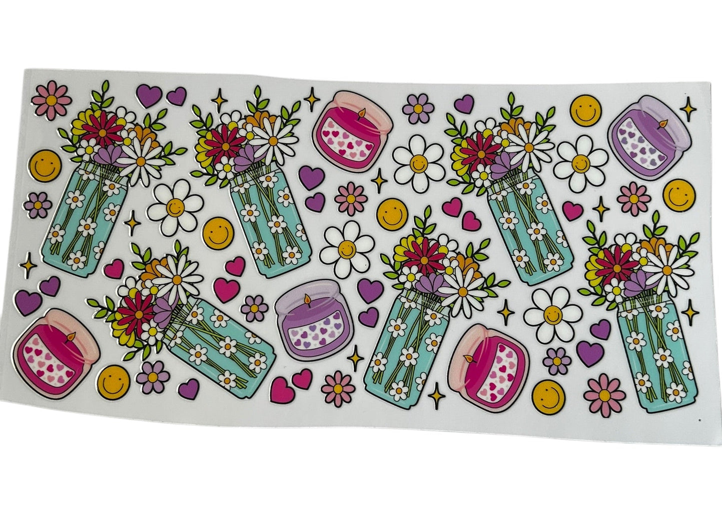 floral mason jar cup wrap with smiley faces hearts candles and colorful flowers cute aesthetic design