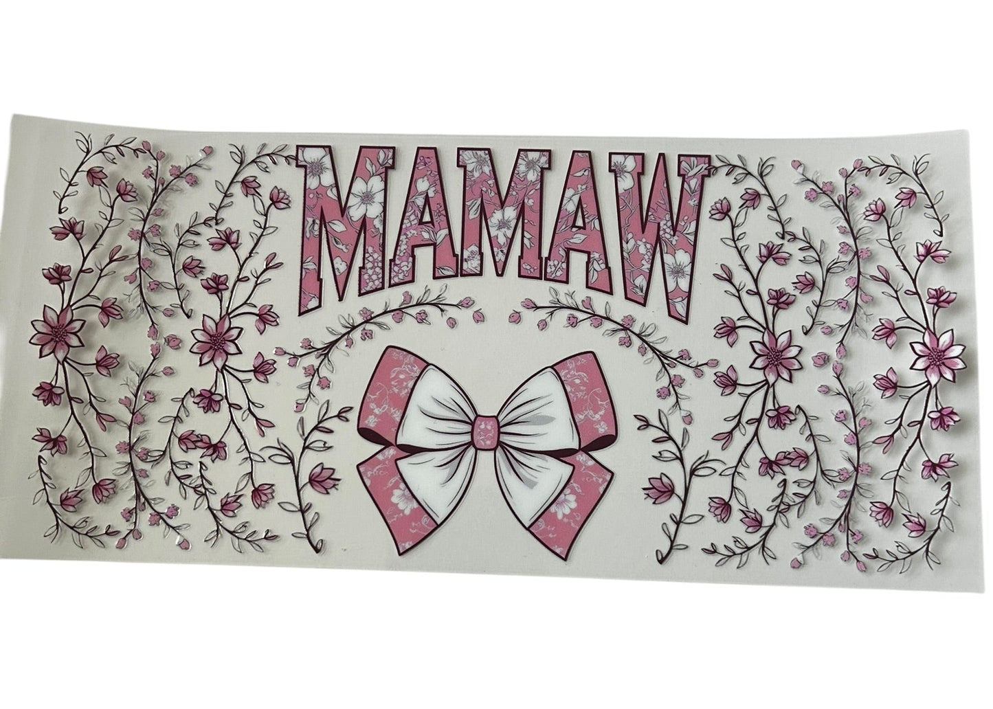 Mamaw floral bow cup wrap with pink flowers, vine details, and decorative bow design