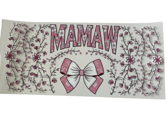 Mamaw floral bow cup wrap with pink flowers, vine details, and decorative bow design