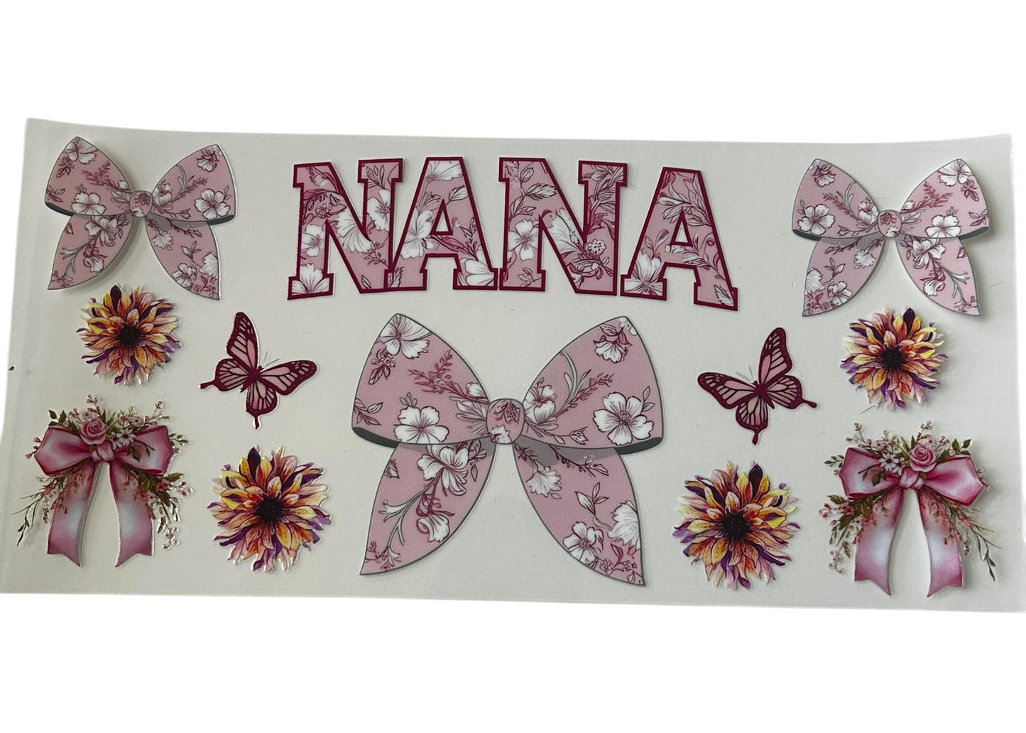 Nana floral bow and butterfly cup wrap with pink flowers, bows, and butterfly accents
