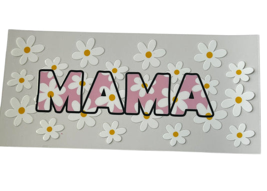 Mama daisy pattern cup wrap with pink background and white daisy flowers