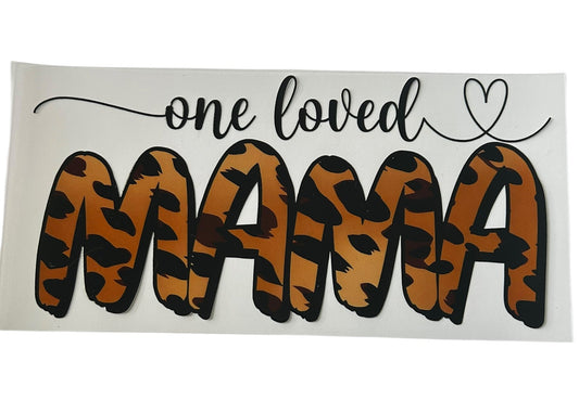 One loved mama leopard print cup wrap with script text and heart accent