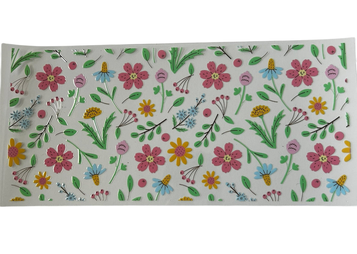 Colorful wildflower pattern cup wrap with pink yellow blue flowers and green leaves