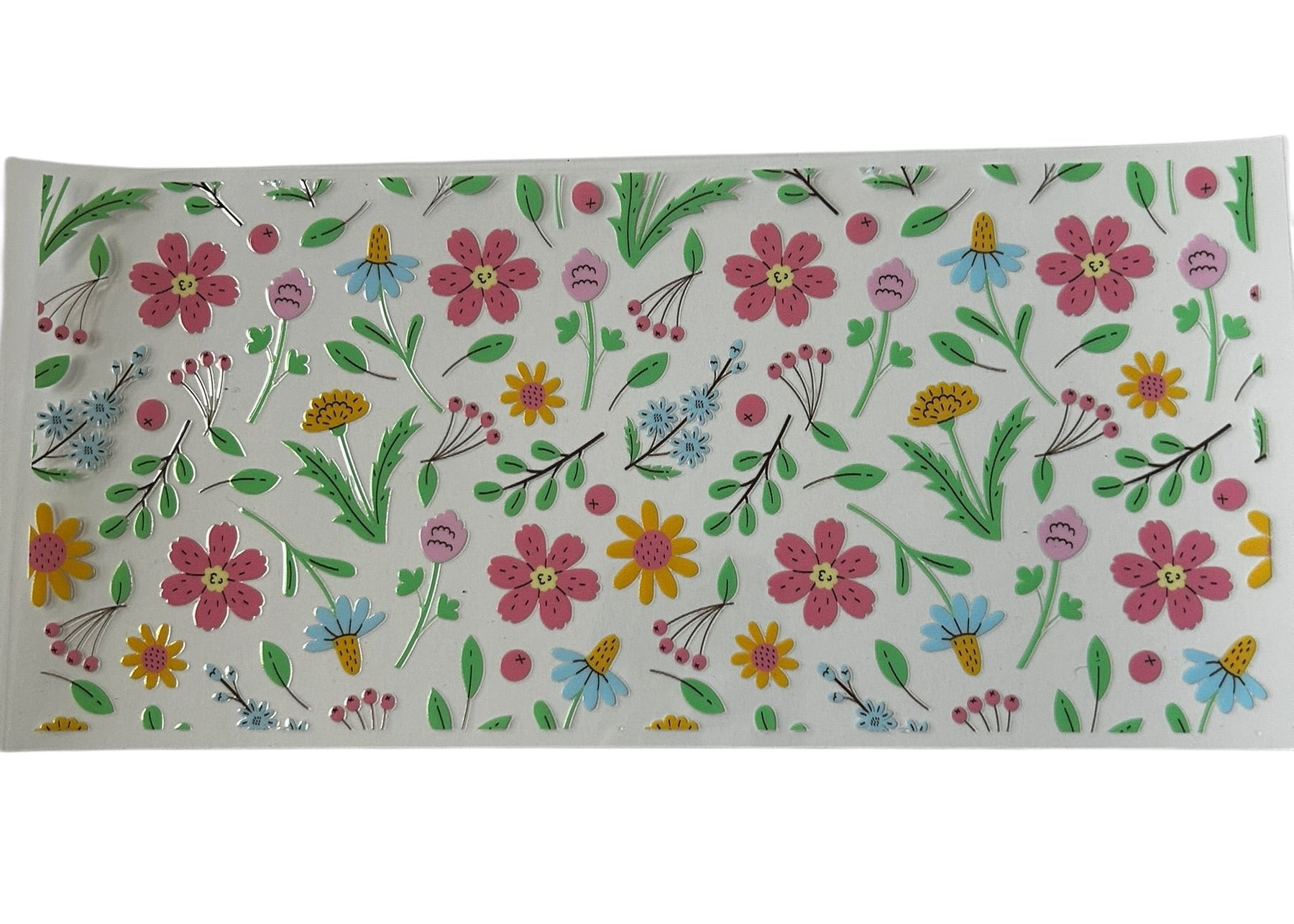 Colorful wildflower pattern cup wrap with pink yellow blue flowers and green leaves