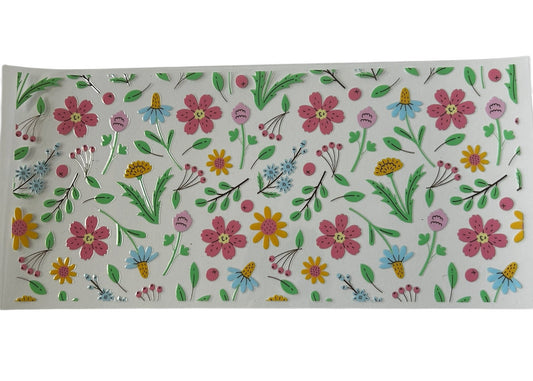 Colorful wildflower pattern cup wrap with pink yellow blue flowers and green leaves