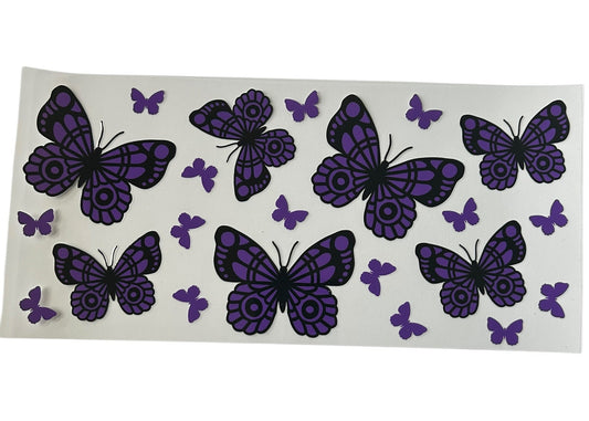 Purple butterfly pattern cup wrap with black and purple butterflies in multiple sizes