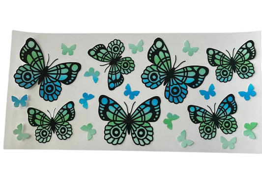 Blue green butterfly pattern cup wrap with teal and blue butterflies in multiple sizes