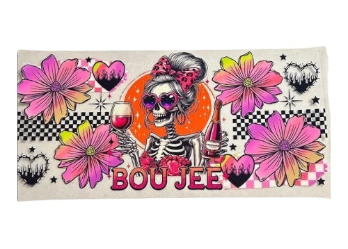 Cup wrap with skeleton design, flowers, and 'BOUJEE' text on a white background