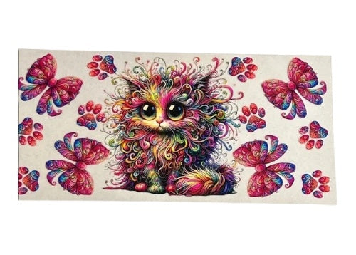 Colorful cartoon cat surrounded by bows & paw prints on a clear background
