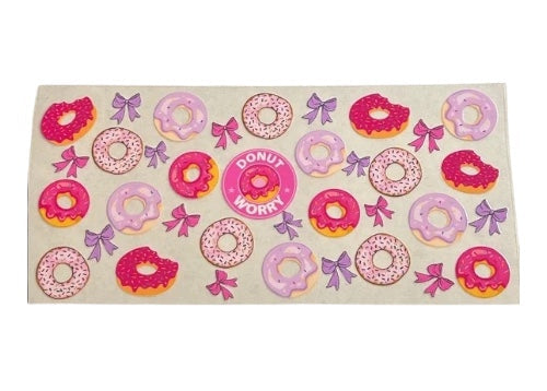 Sticker sheet with pink and purple donut and bow designs on a clear background