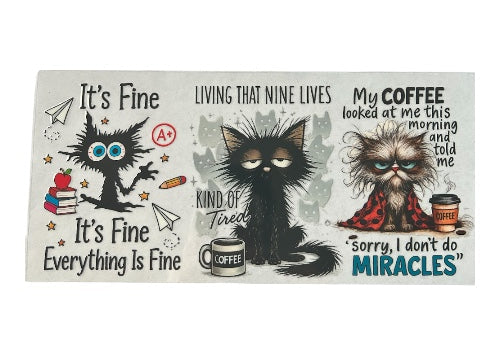 Cartoon cats with humorous text on a white background