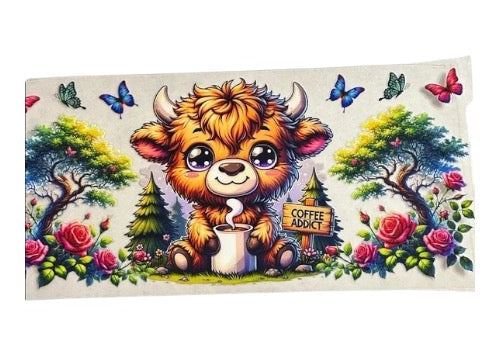 Colorful illustration of a cartoon cow holding a coffee cup with nature elements on a white background.