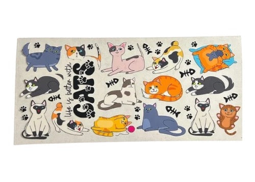 Sticker sheet with various cartoon cats and cat-themed designs on a white background