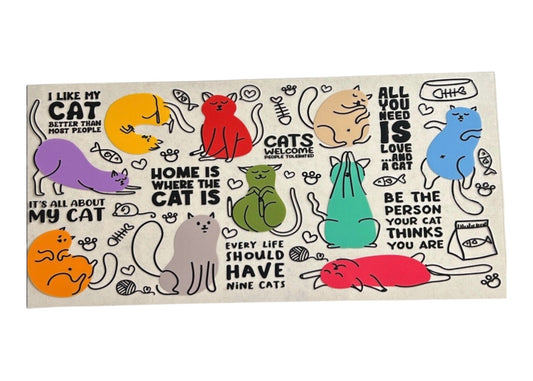 Colorful cat-themed decorative cup wrap with various cat illustrations and text on a white background.