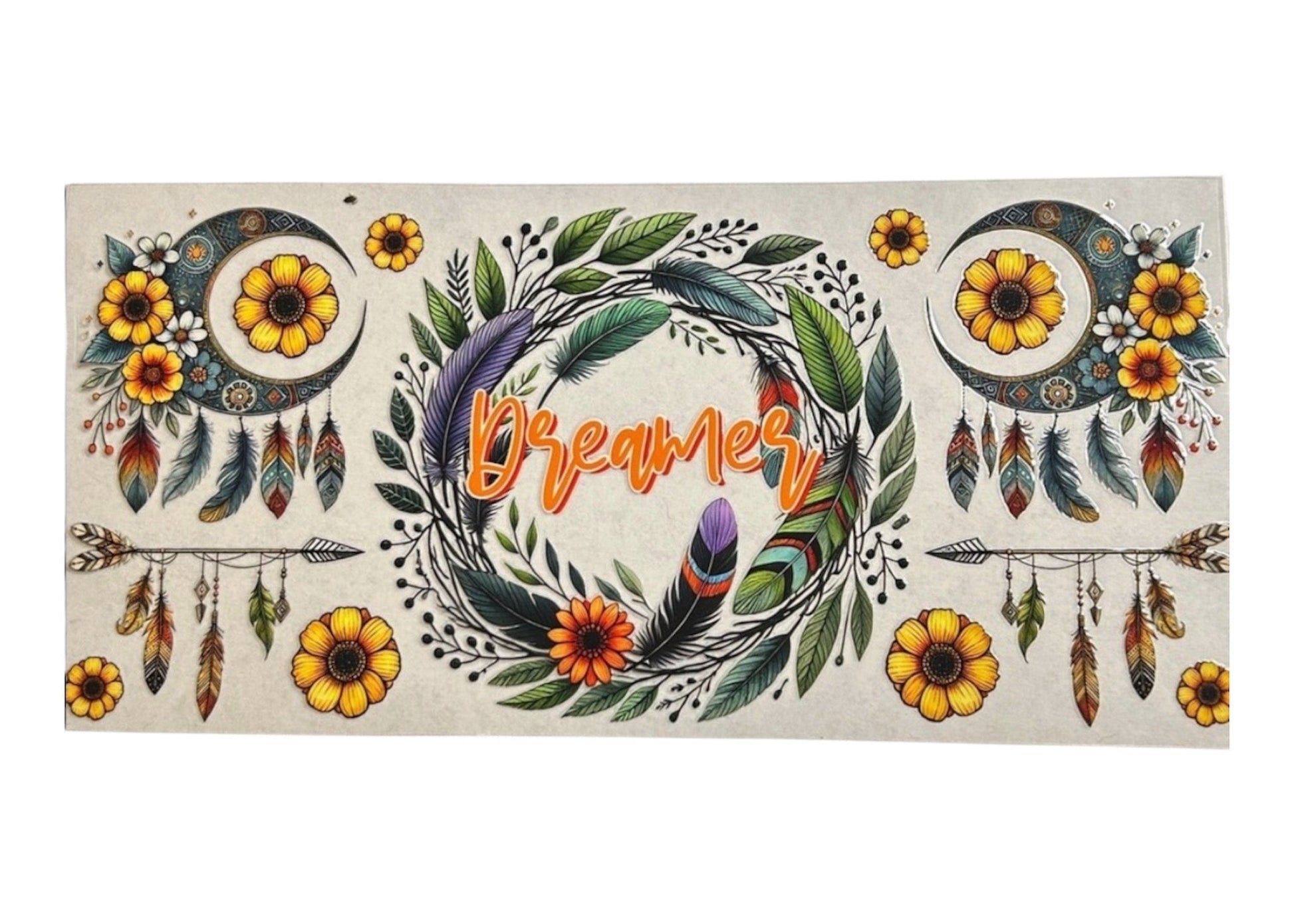 Decorative cup wrap with floral and feather designs and the word 'Dreamer' in the center.