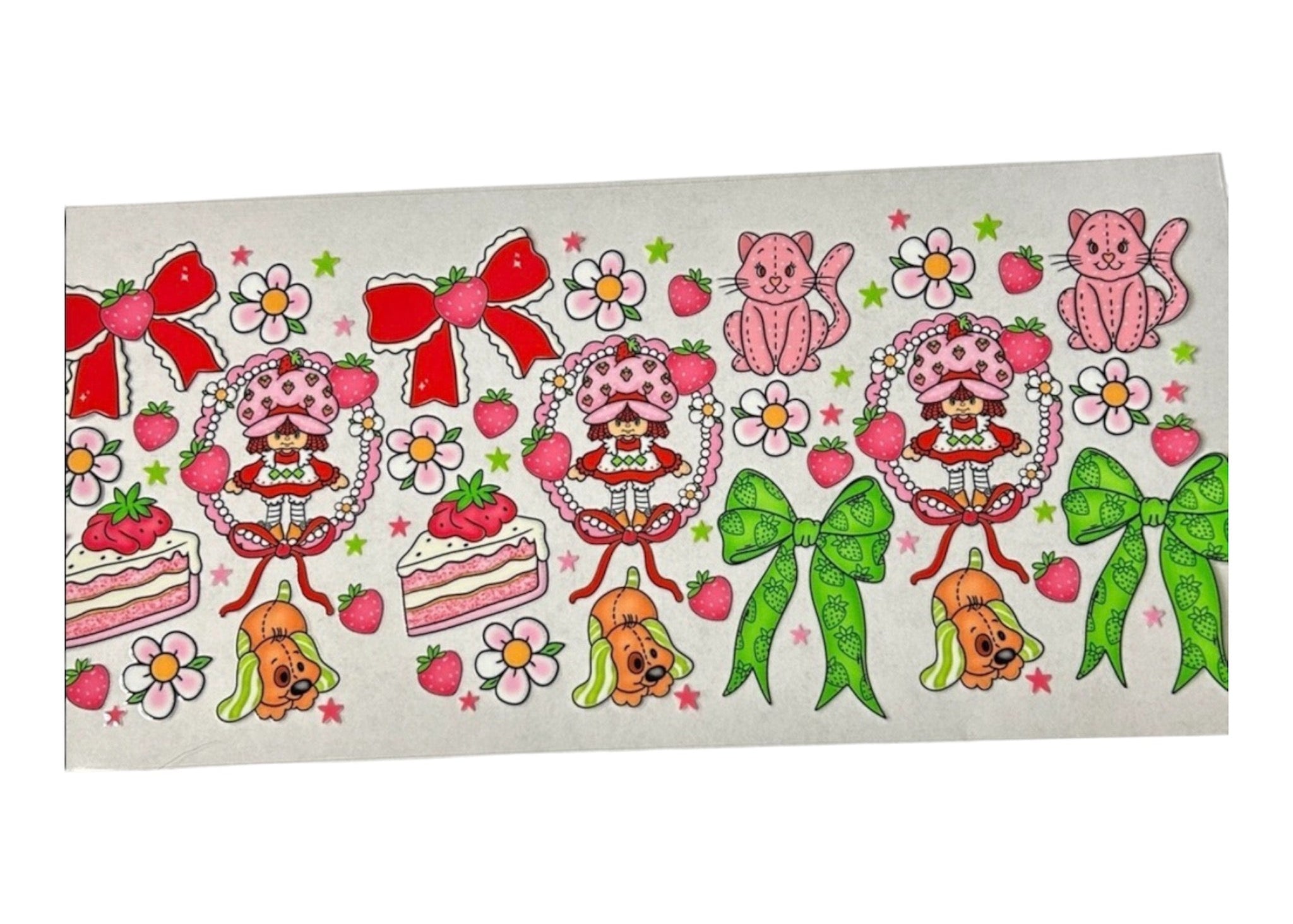 Colorful cup wrap with cartoon characters, bows, and strawberries on a white background