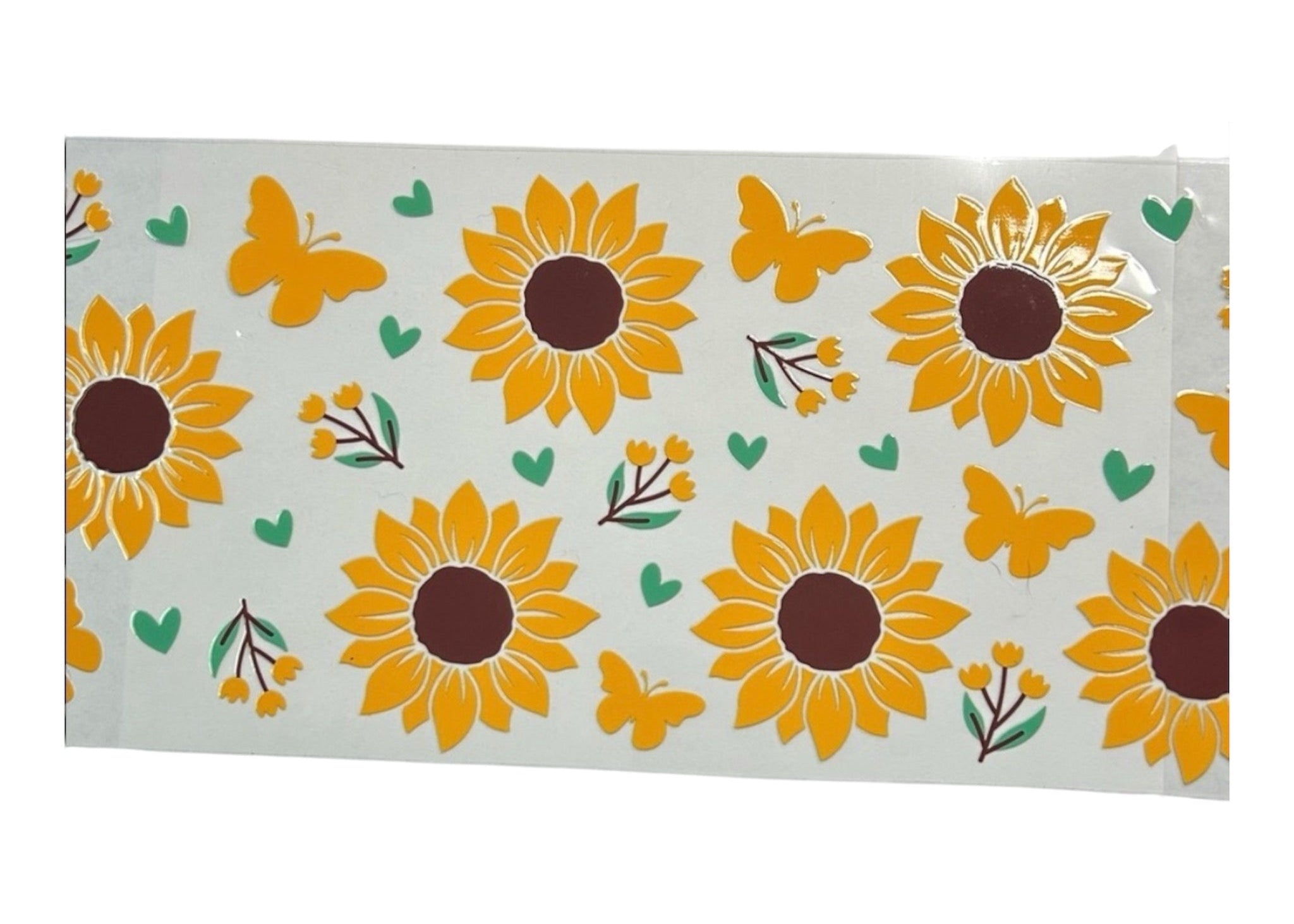 Decorative cup wrap with sunflowers and butterflies on a white background