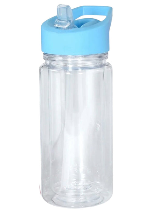Clear water bottle with a blue lid on a white background