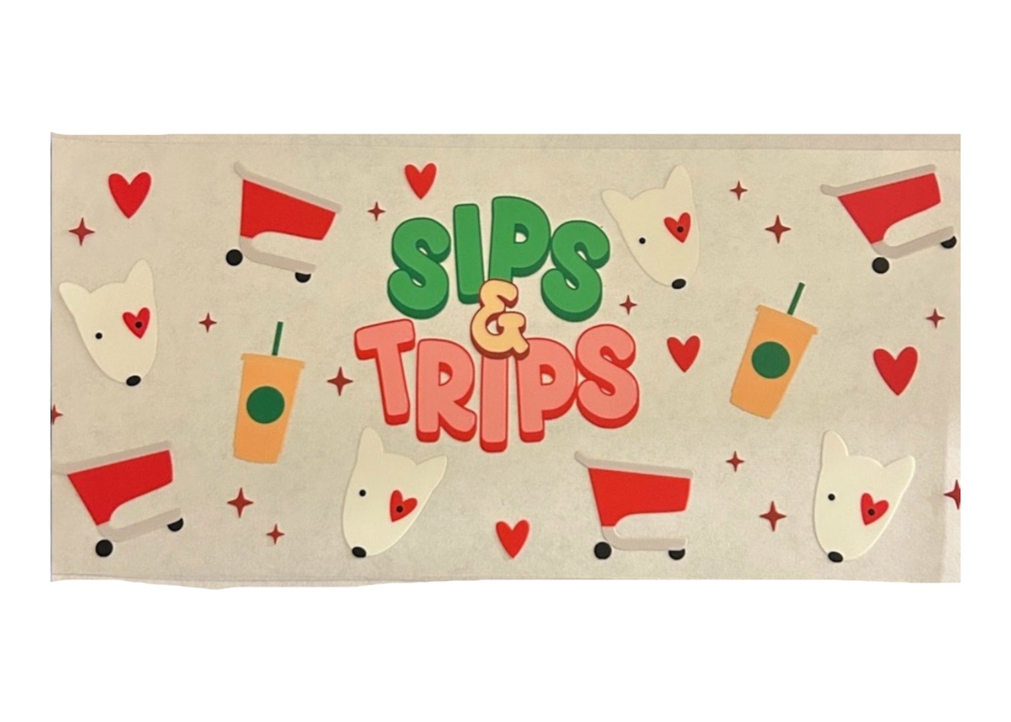 Cup wrap with cartoon dogs, drinks, and 'Sips & Trips' text on a white background
