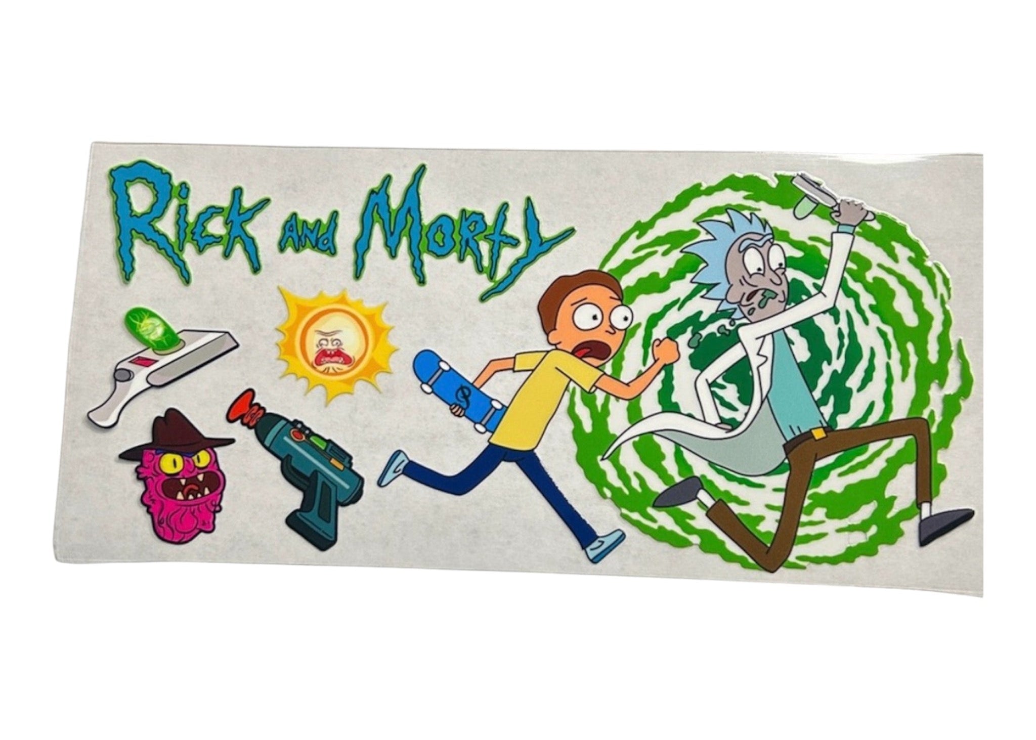 Cartoon-themed cup wrap with 'Rick and Morty' characters and elements on a white background