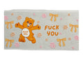 Cup wrap with cartoon bear holding a 'Fuck You' card, surrounded by decorative elements on a light gray background.