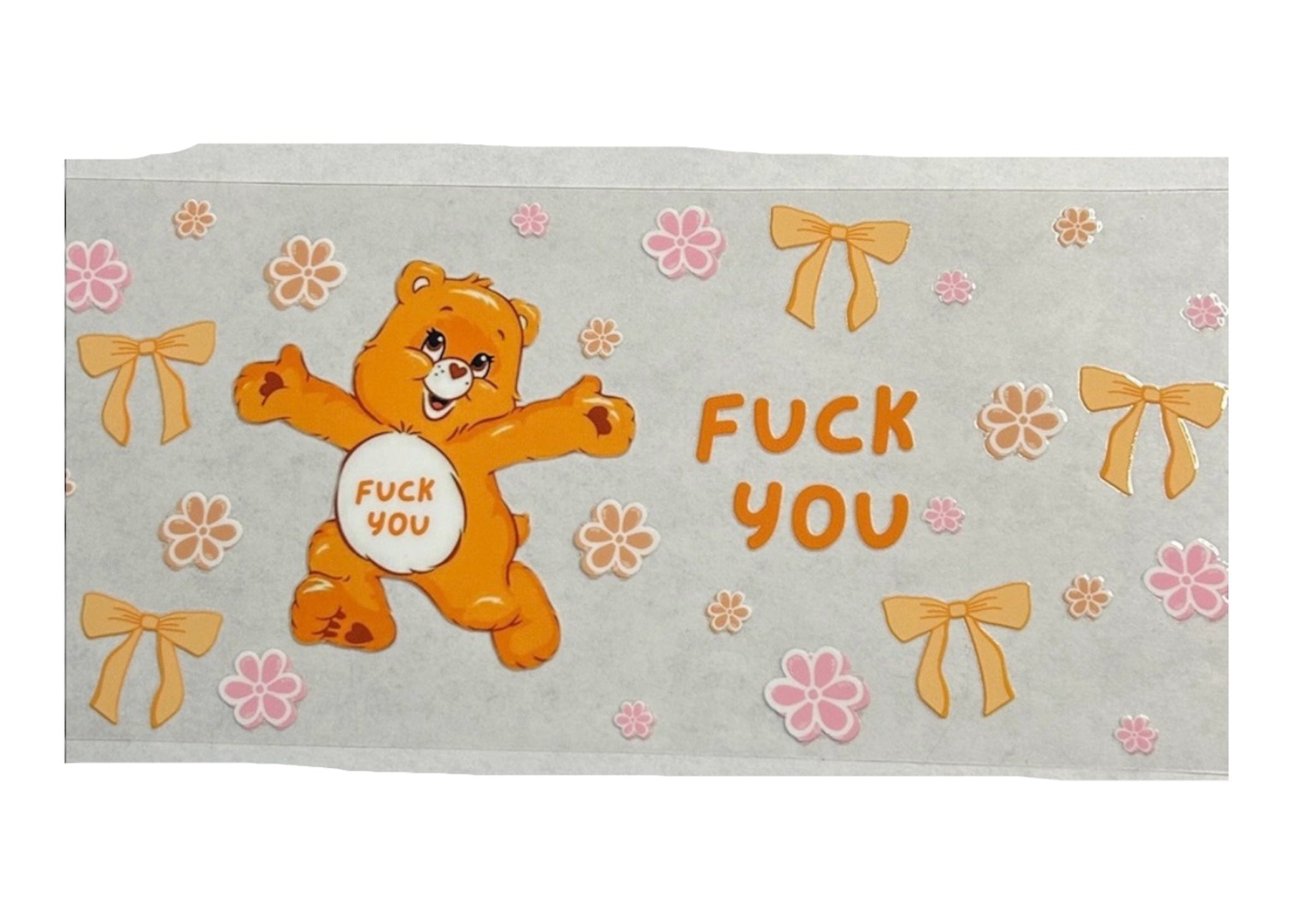Cup wrap with cartoon bear holding a 'Fuck You' card, surrounded by decorative elements on a light gray background.