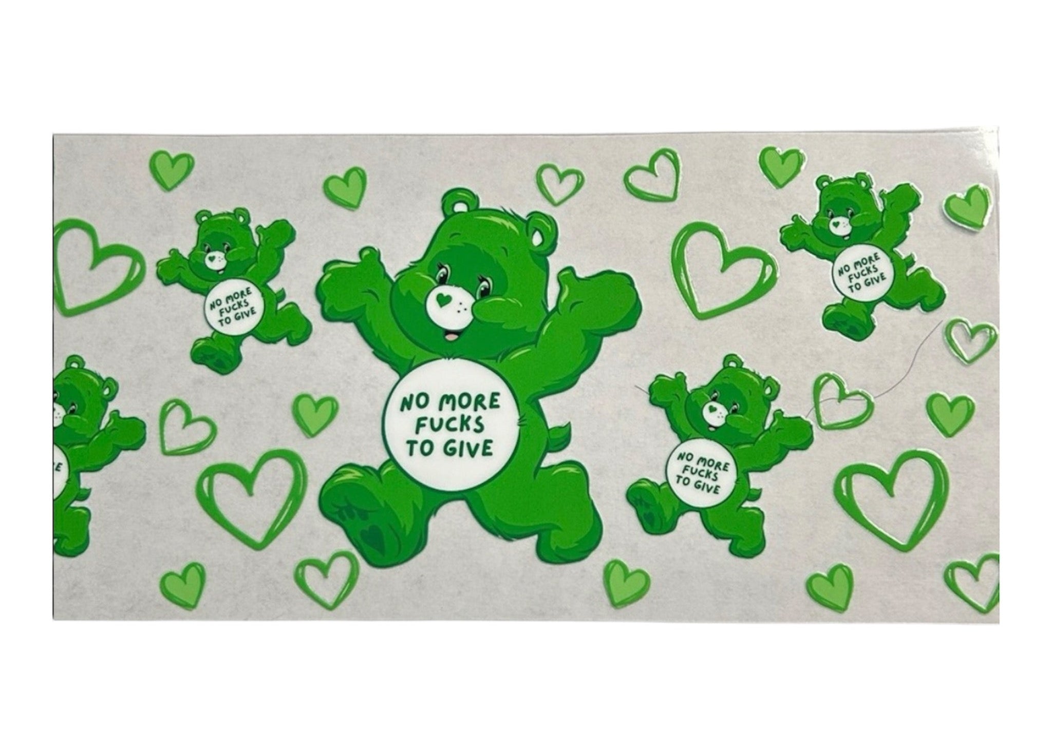 Green bear with text surrounded by hearts on a gray background