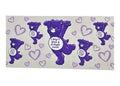 Purple cartoon bear with a humorous message surrounded by hearts on a light gray background