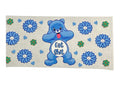 Blue bear character with a humorous message on a decorative wrap with flowers and hearts.
